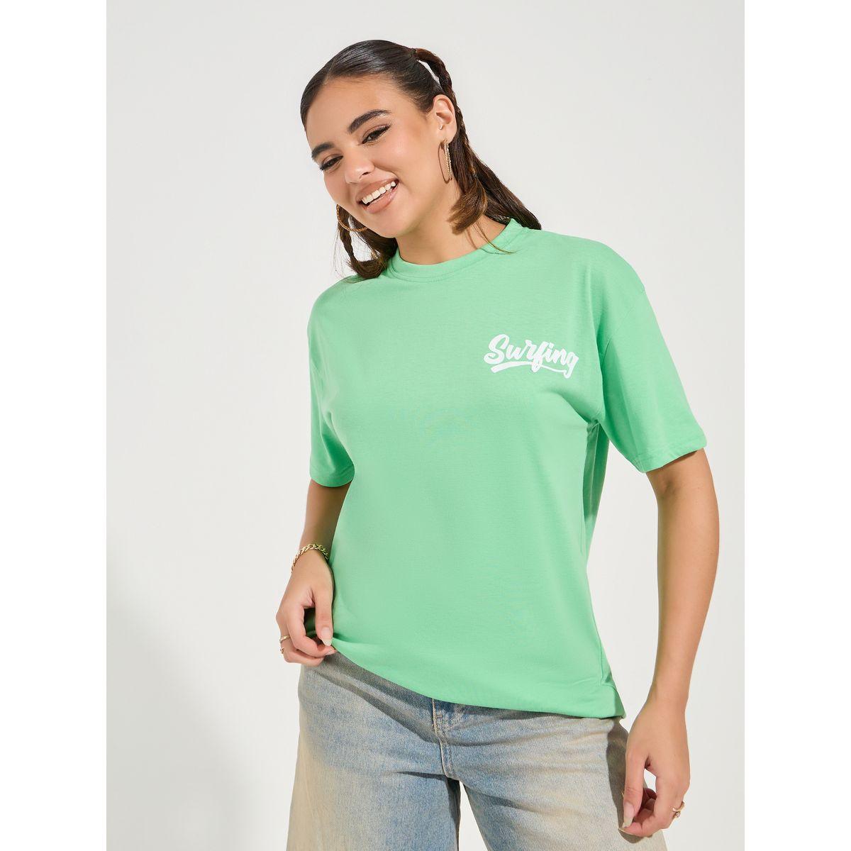 تيشيرت فضفاض مطبع بكتابة مع اكتاف منخفضة-women-clothing-tshirts-image-3