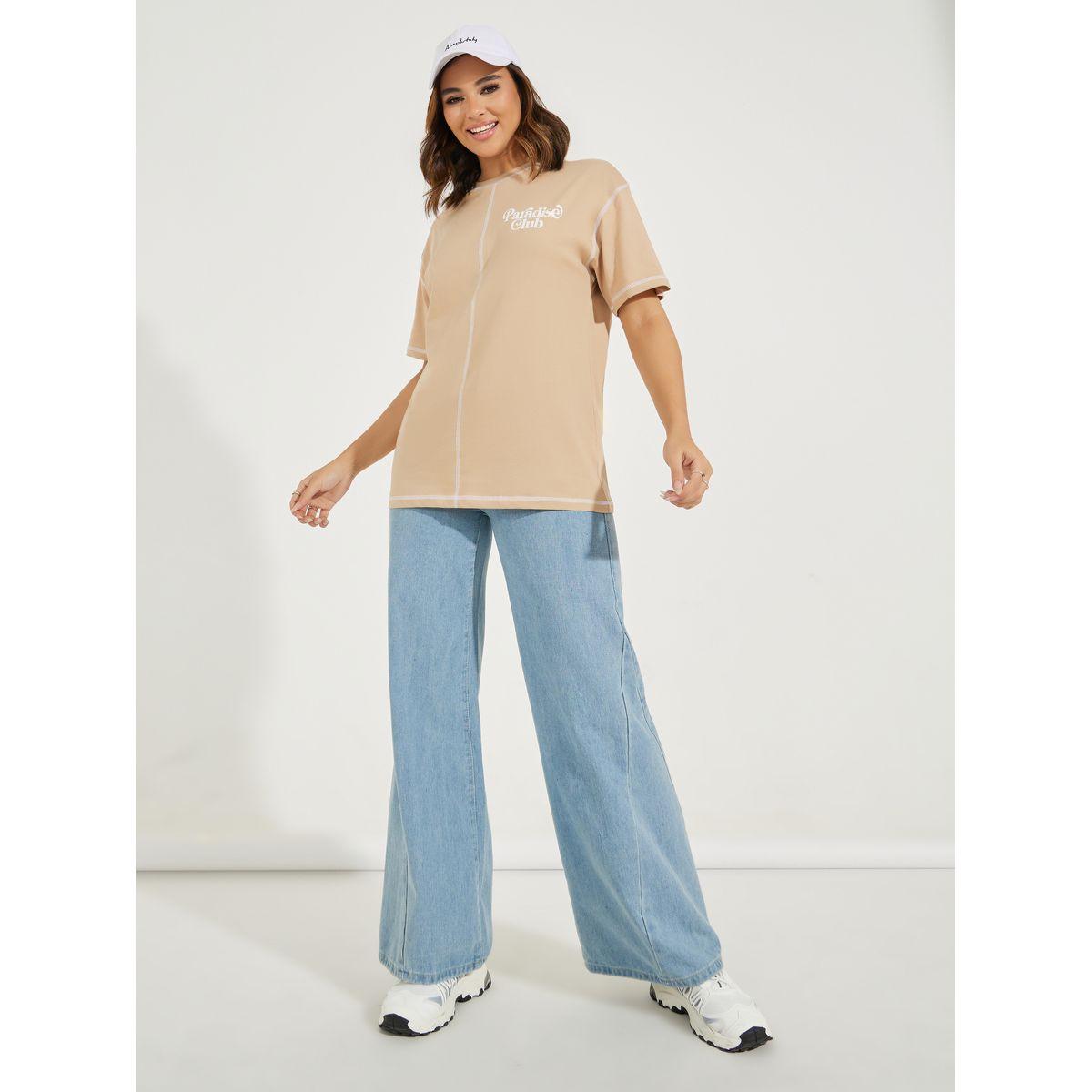 تيشيرت فضفاض بطبعة جرافيك مع درزات-women-clothing-tshirts-image-3