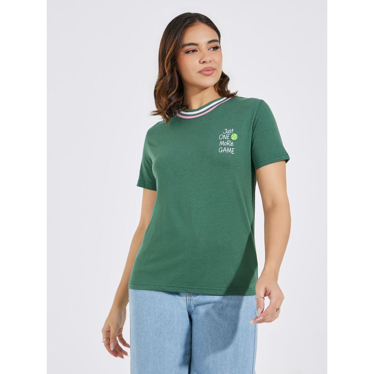 تيشيرت مطبع بطبعة كتابة مع قصة عادية-women-clothing-tshirts-image-3