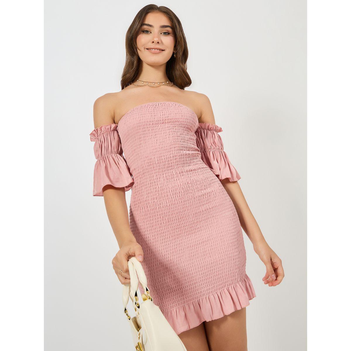 Styli Off Shoulder Neck Shirred Ruffle Hem Mini Dress-women-clothing-dresses-image-1