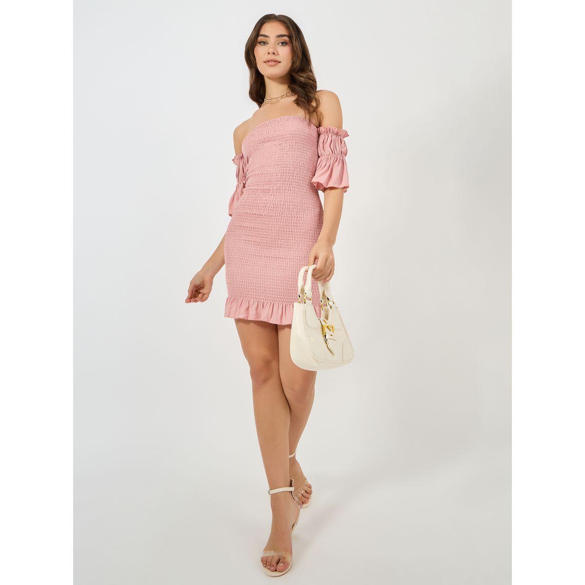 Styli Off Shoulder Neck Shirred Ruffle Hem Mini Dress-women-clothing-dresses-image-2