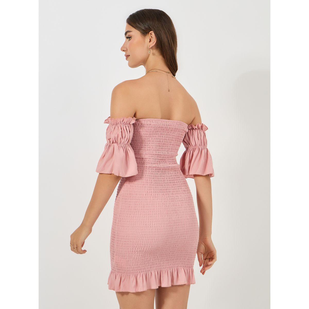 Styli Off Shoulder Neck Shirred Ruffle Hem Mini Dress-women-clothing-dresses-image-4