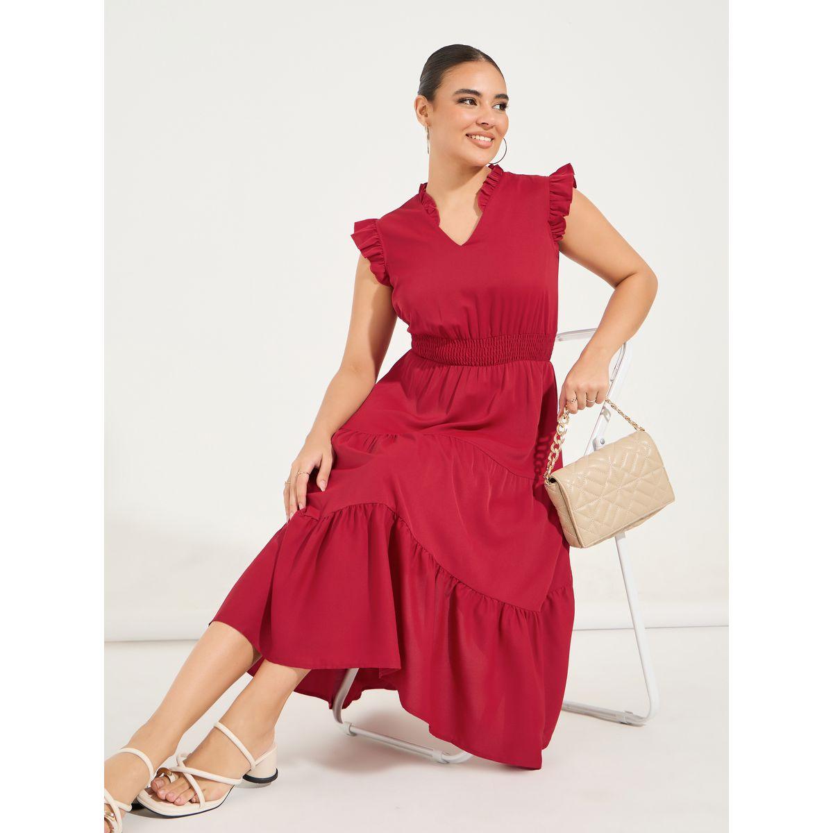 فستان ميدي بلا اكمام مع كسرات وكشكش-women-clothing-dresses-image-1