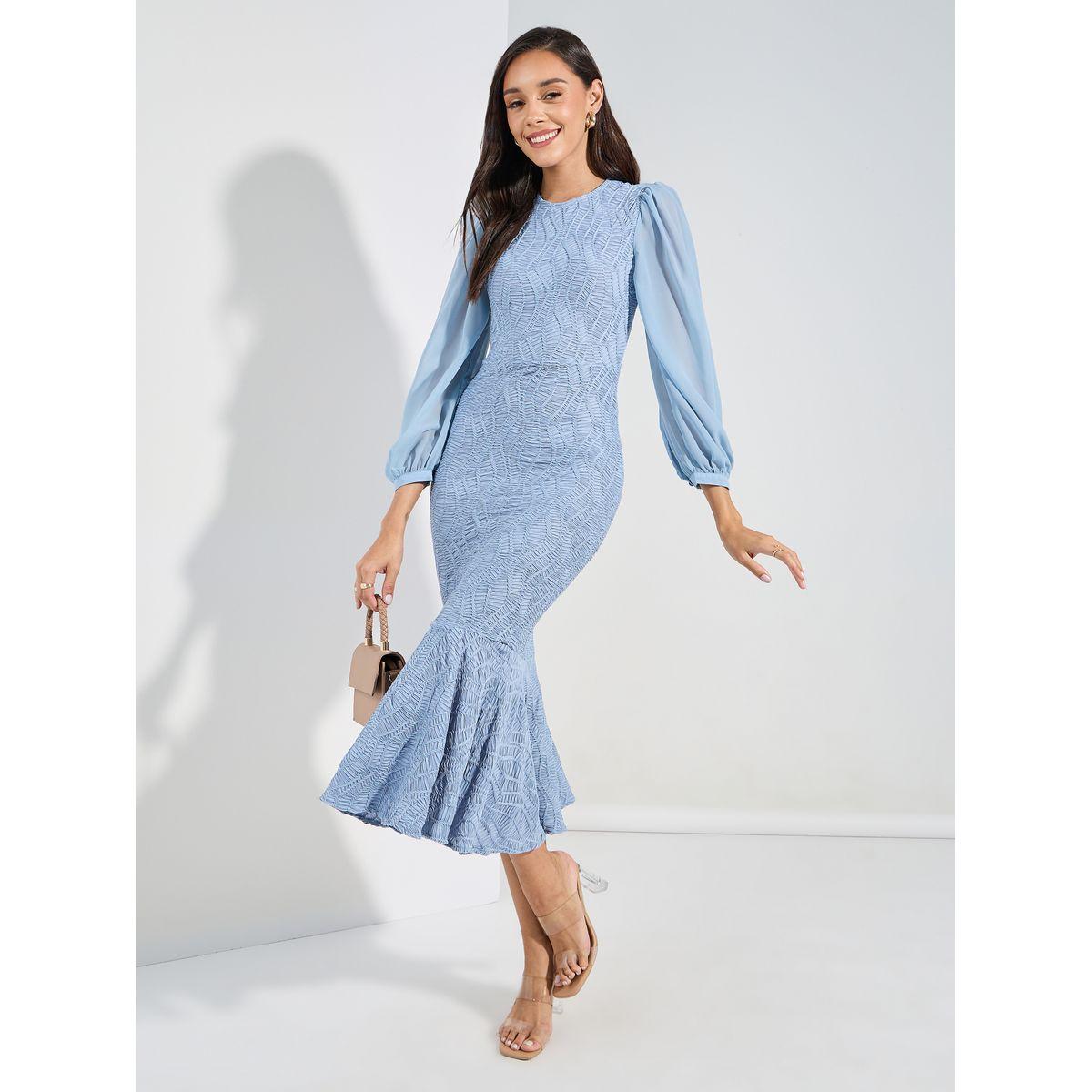 Styli Self Design Long Sleeves Mermaid Hem Midi Dress-women-clothing-dresses-image-1