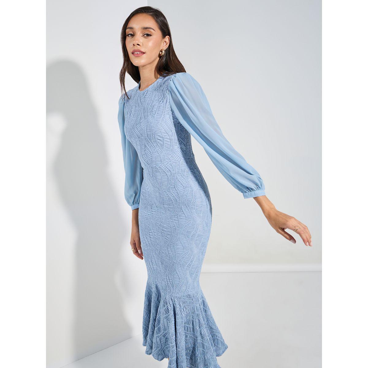 Styli Self Design Long Sleeves Mermaid Hem Midi Dress-women-clothing-dresses-image-2
