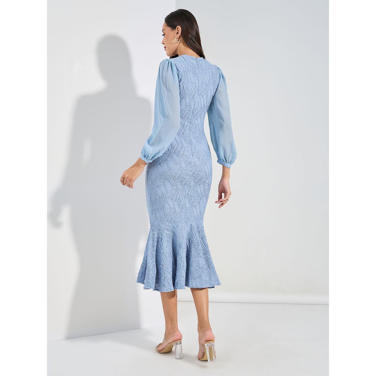 Styli Self Design Long Sleeves Mermaid Hem Midi Dress-women-clothing-dresses-image-4