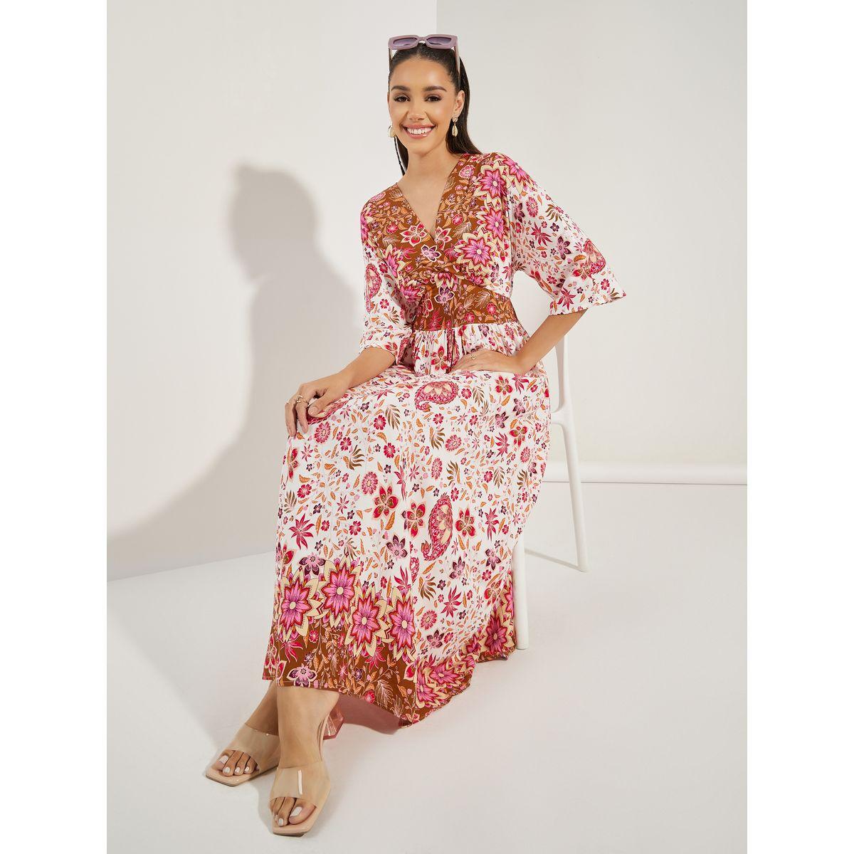 فستان طويل مطبع بزهور مع اكمام 3/4-women-clothing-dresses-image-1