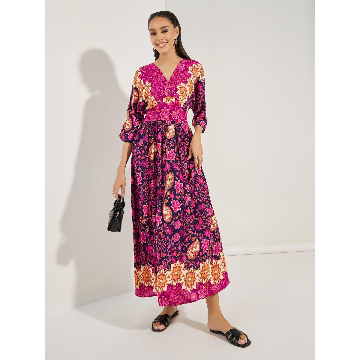 Styli Floral Print 3/4 Sleeves Maxi Dress-women-clothing-dresses-image-1