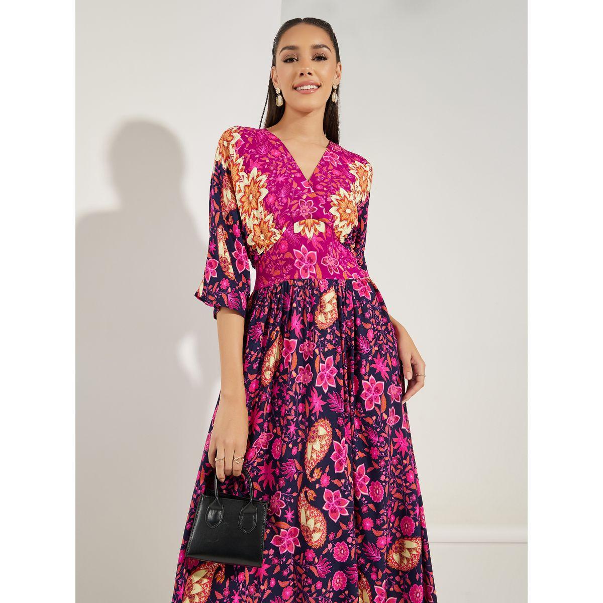 Styli Floral Print 3/4 Sleeves Maxi Dress-women-clothing-dresses-image-2