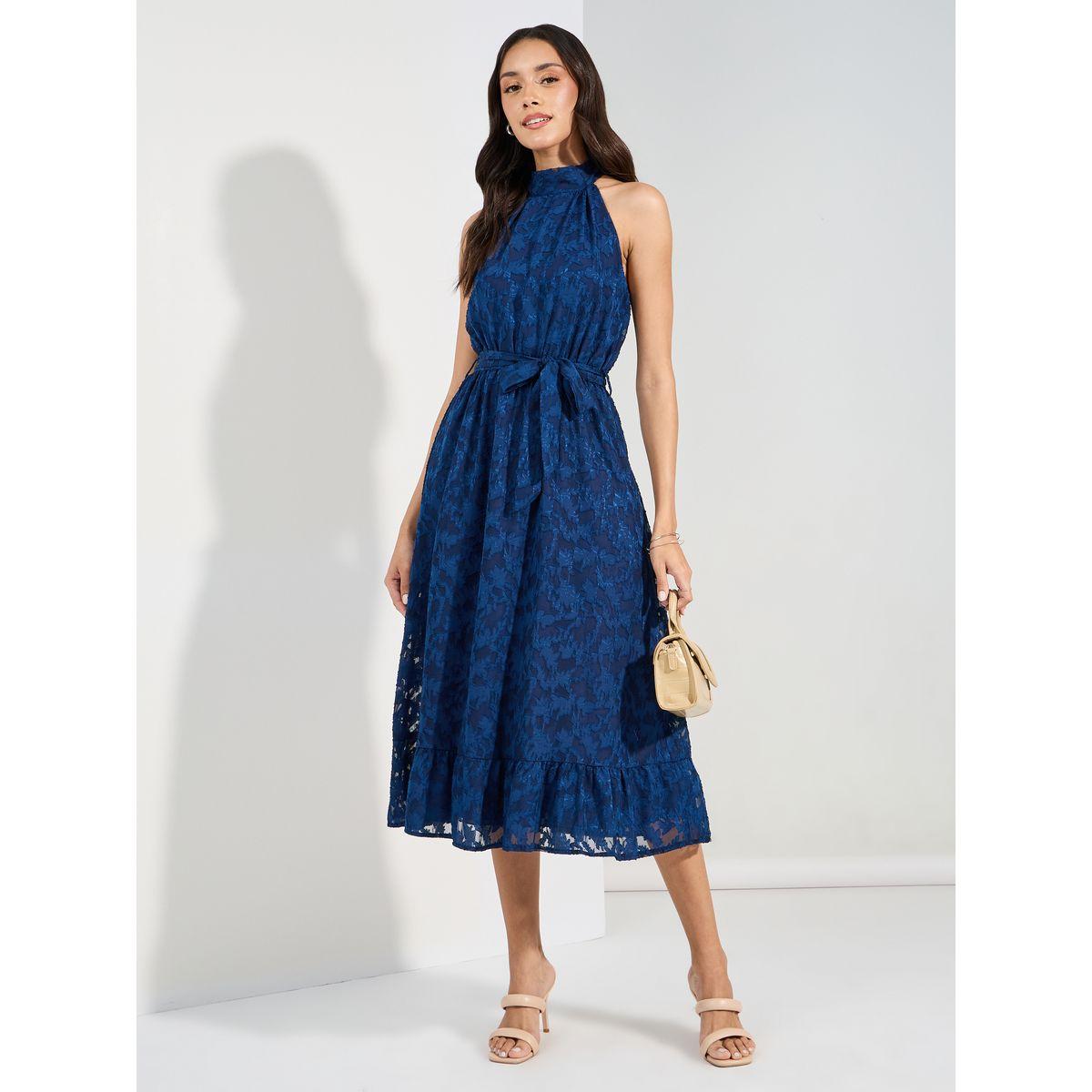 Styli Halter Neck Burnout Textured Midi Dress-women-clothing-dresses-image-1