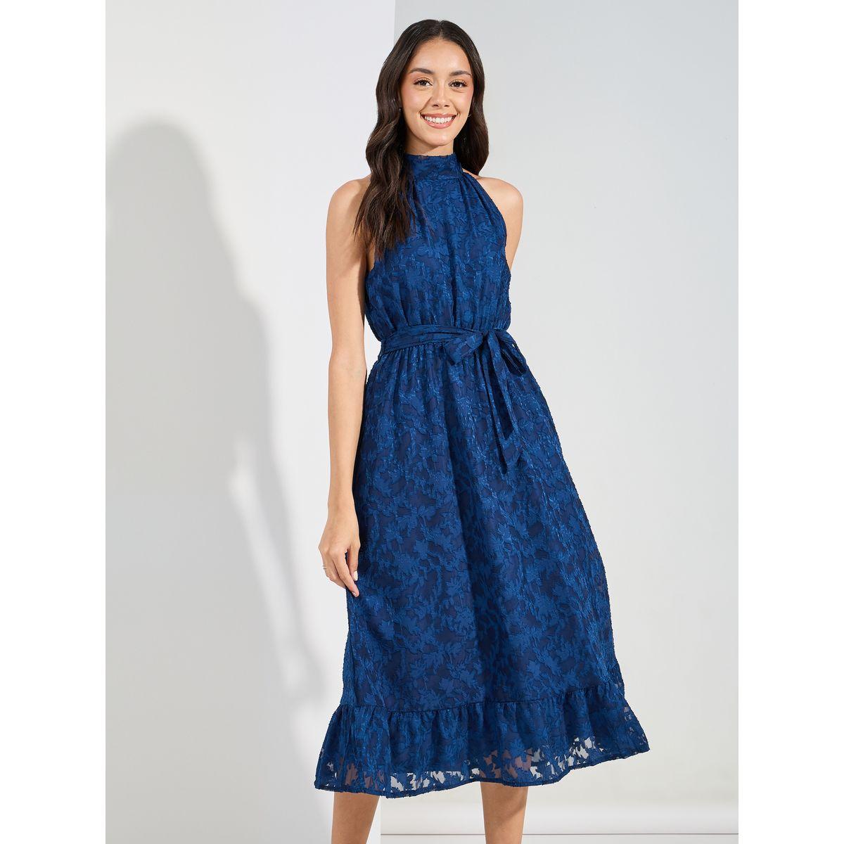 Styli Halter Neck Burnout Textured Midi Dress-women-clothing-dresses-image-2
