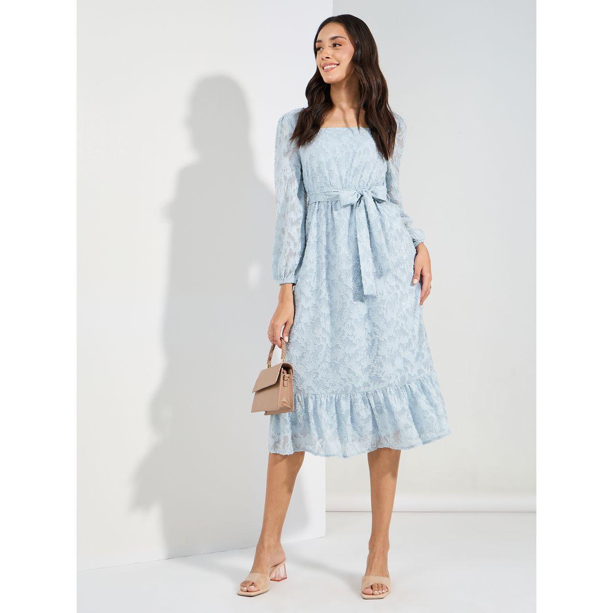Styli Square Neck Burnout Textured Midi Dress-women-clothing-dresses-image-1