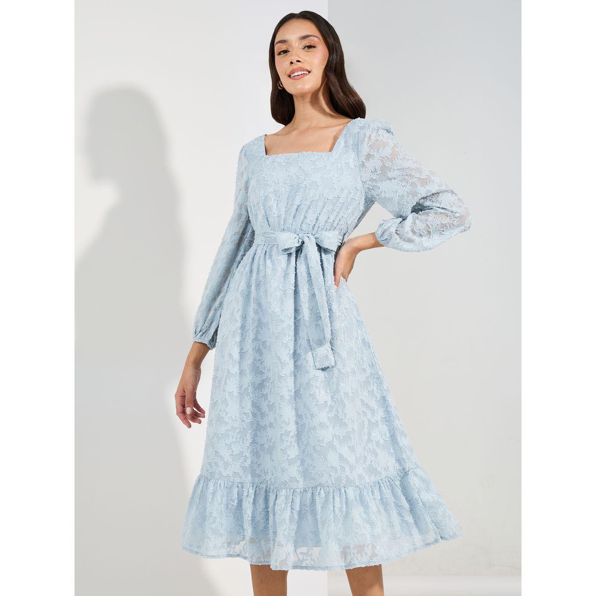 فستان ميدي بياقة واسعة وتفاصيل بارزة الملمس-women-clothing-dresses-image-2