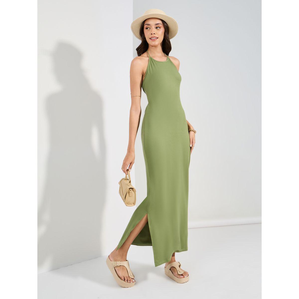 فستان طويل بديكون بياقة هولتر مع شق-women-clothing-dresses-image-1