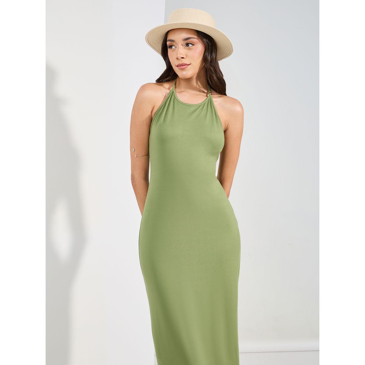 فستان طويل بديكون بياقة هولتر مع شق-women-clothing-dresses-image-2