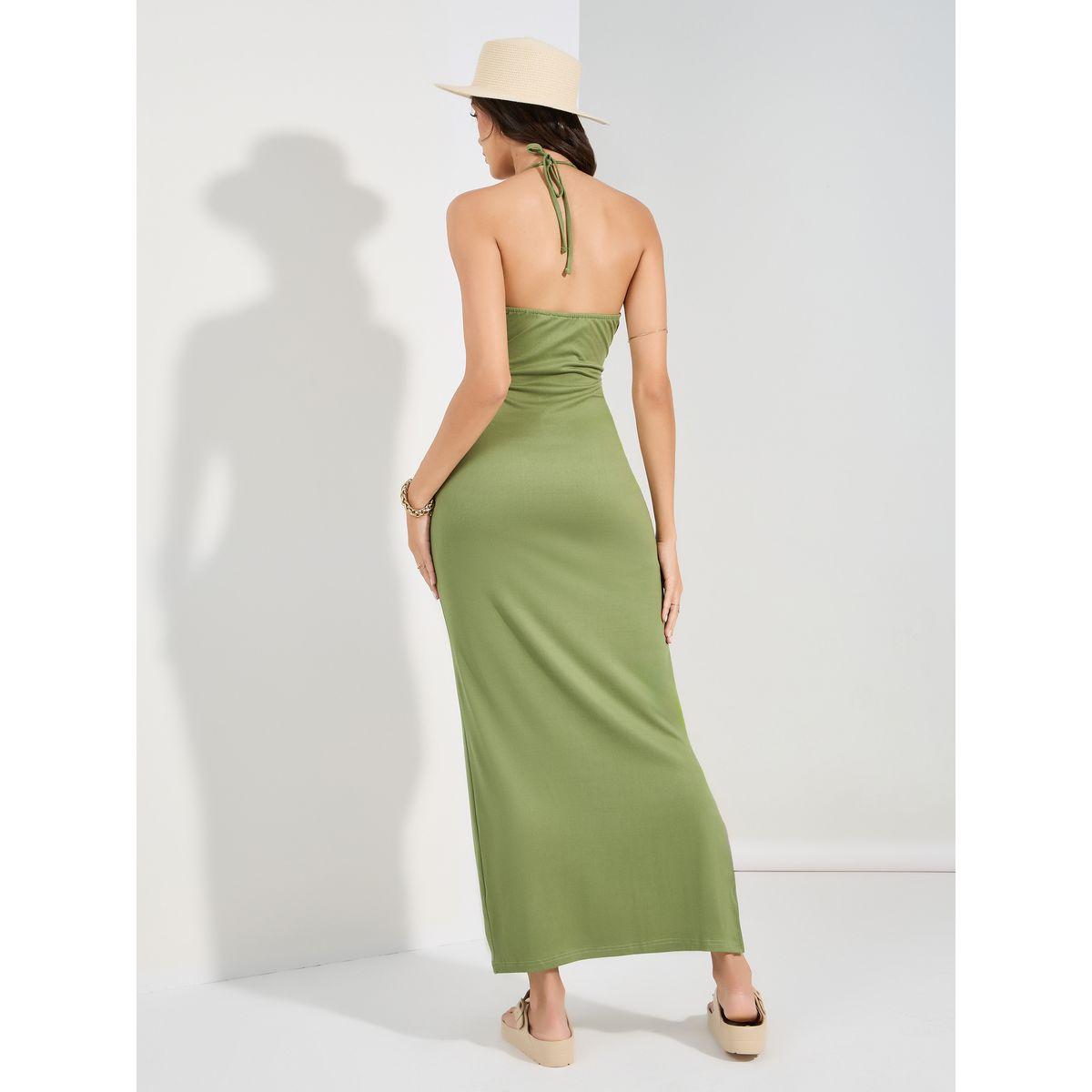 فستان طويل بديكون بياقة هولتر مع شق-women-clothing-dresses-image-4
