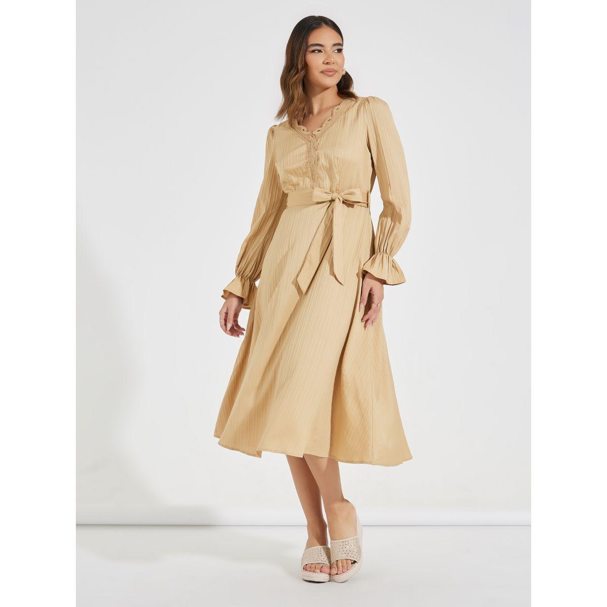 Styli Lace Insert Textured A-Line Midi Dress-women-clothing-dresses-image-1
