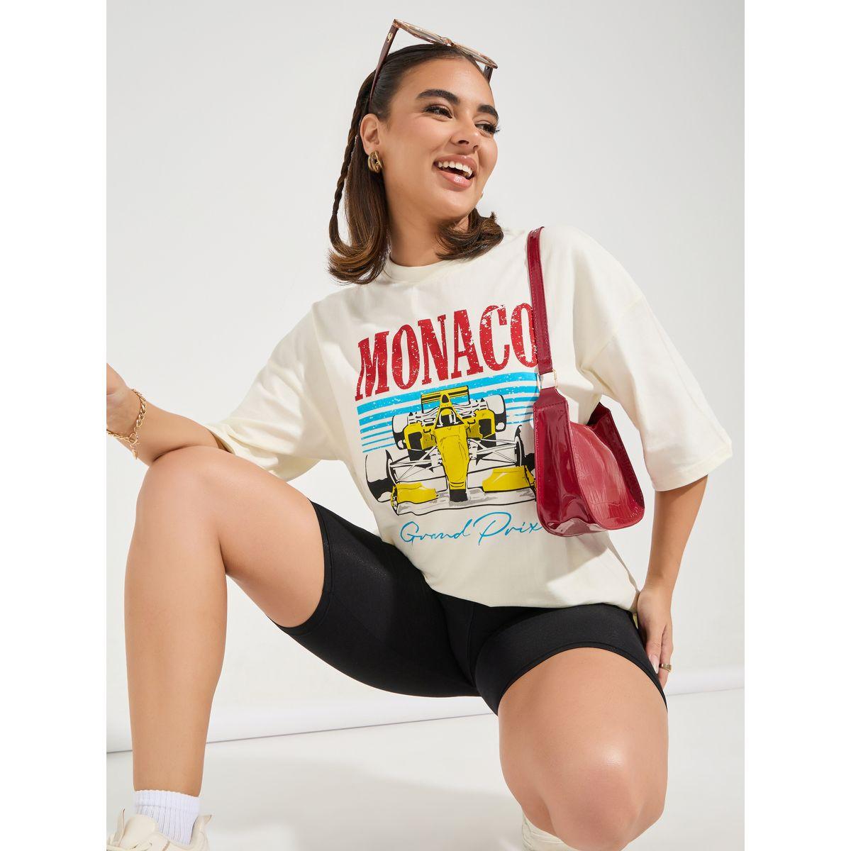 Styli Oversized Monaco Distressed Graphic T-Shirt with Dropped Shoulder-women-clothing-tshirts-image-1