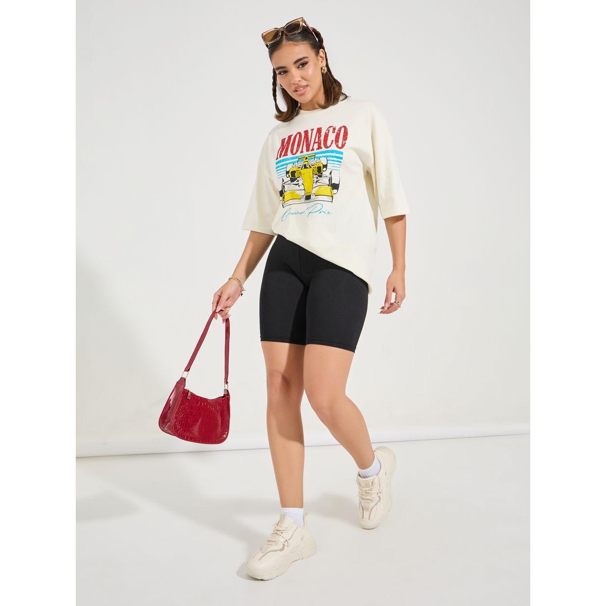Styli Oversized Monaco Distressed Graphic T-Shirt with Dropped Shoulder-women-clothing-tshirts-image-2