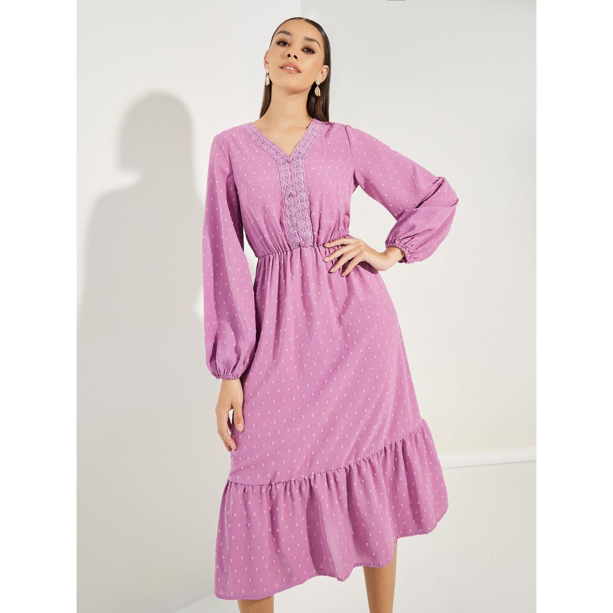 فستان ميدي بخيوط دوبي مع تفاصيل دانتيل-women-clothing-dresses-image-2