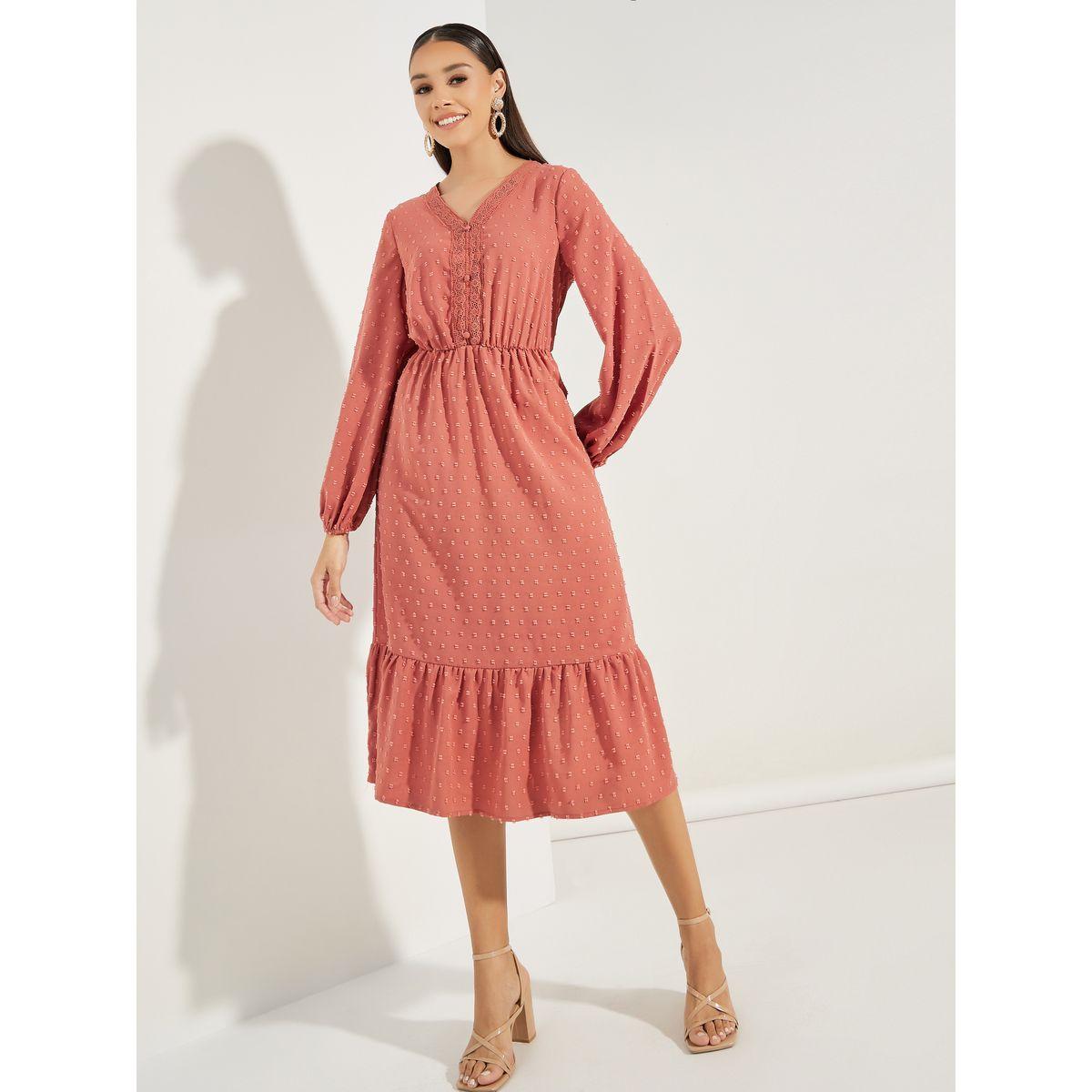 Styli Dobby Lace Insert A-Line Midi Dress-women-clothing-dresses-image-1