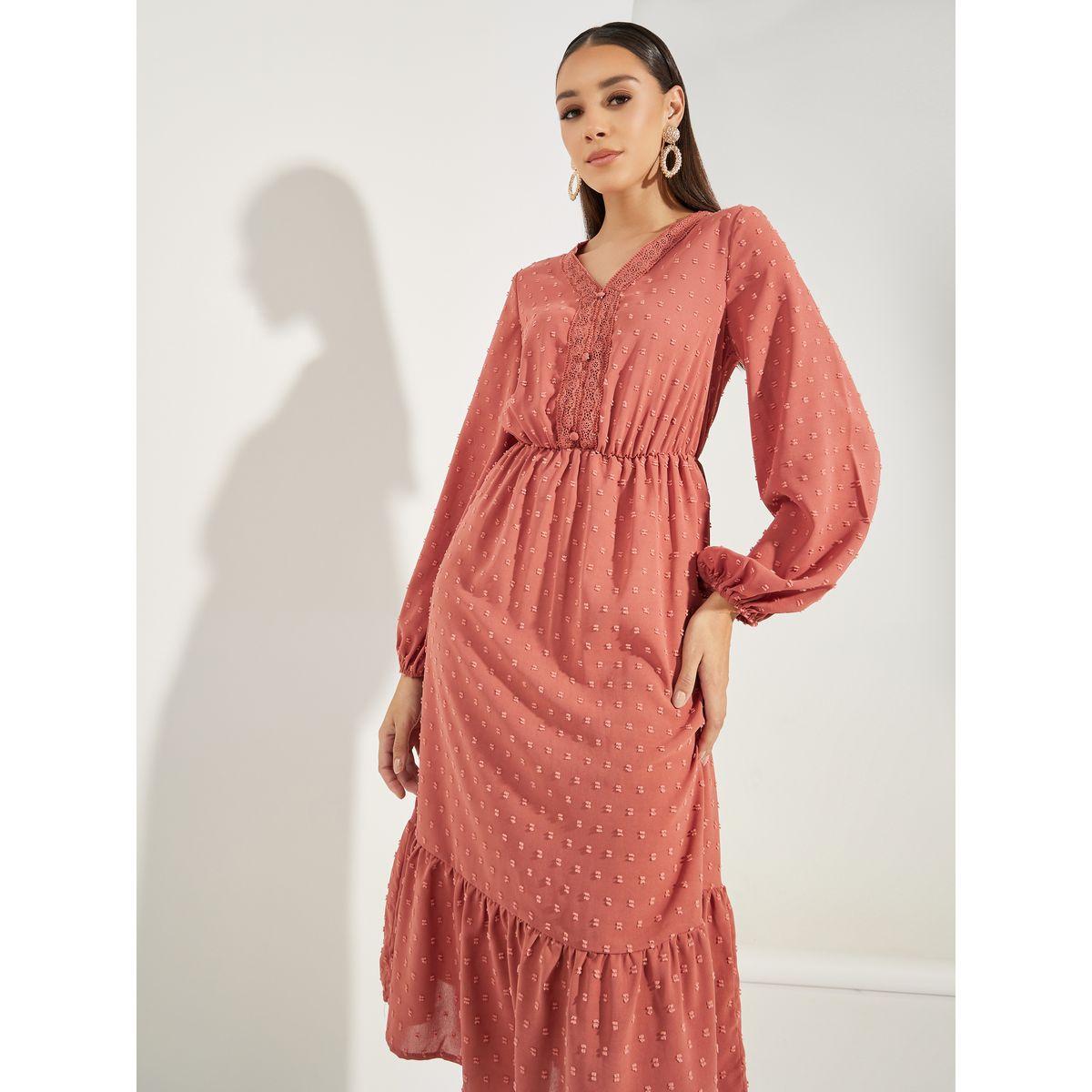 فستان ميدي بخيوط دوبي مع تفاصيل دانتيل-women-clothing-dresses-image-2