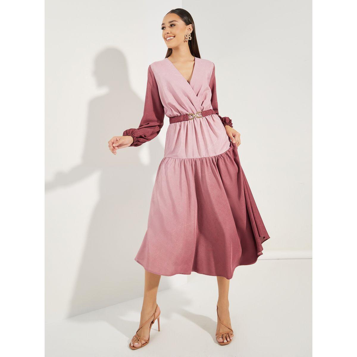 فستان ميدي بنمط كتل الالوان مع اكمام طويلة-women-clothing-dresses-image-1