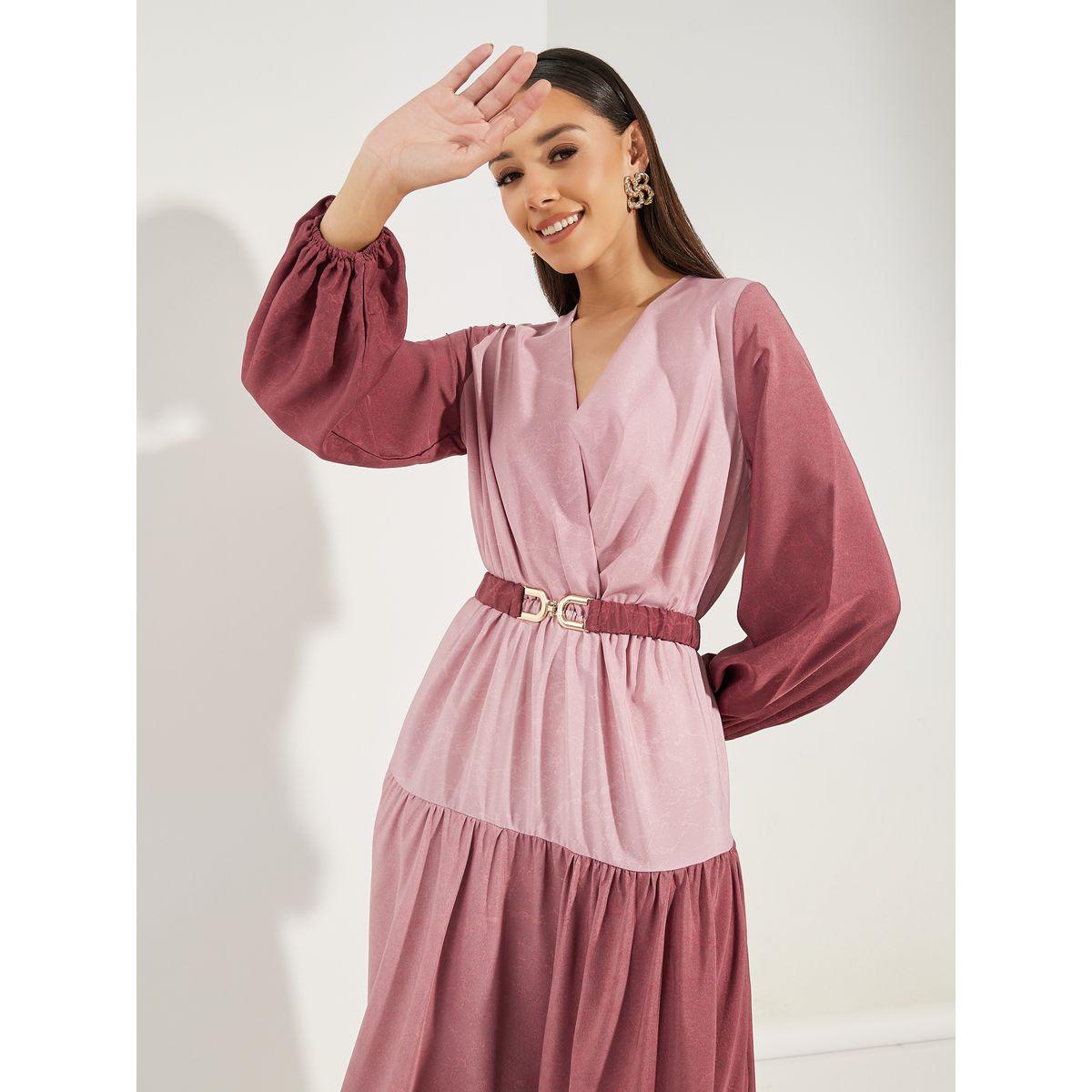 فستان ميدي بنمط كتل الالوان مع اكمام طويلة-women-clothing-dresses-image-2