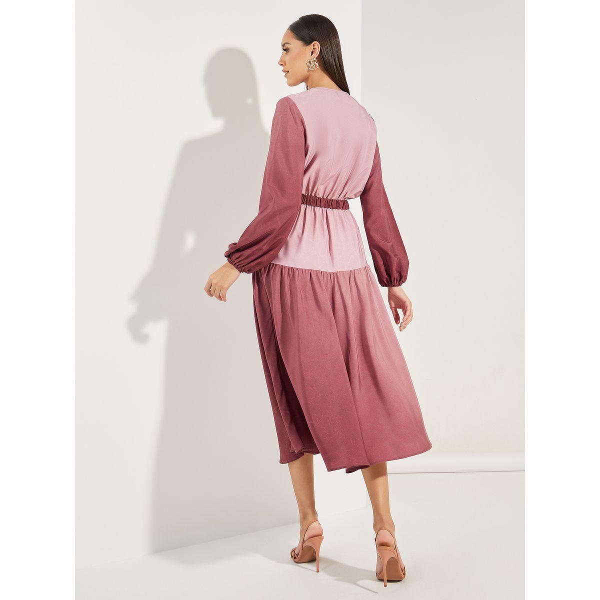 فستان ميدي بنمط كتل الالوان مع اكمام طويلة-women-clothing-dresses-image-4