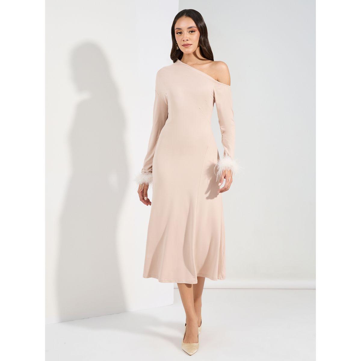 Styli Asymmetric Neck Midi Dress with Faux Fur Detail-women-clothing-dresses-image-1