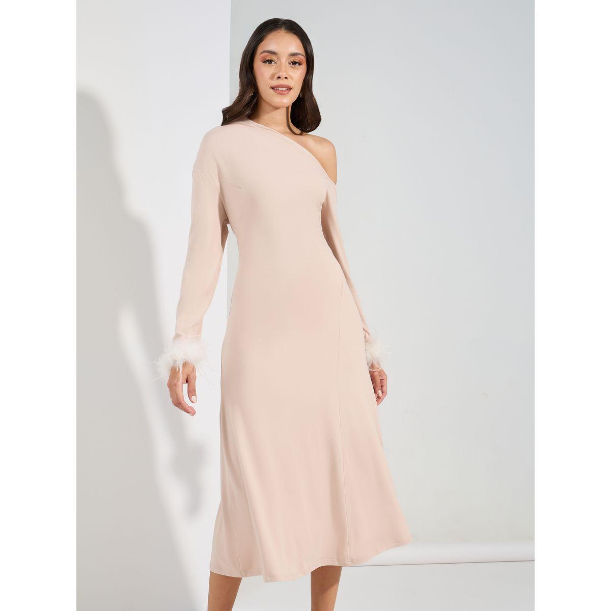 Styli Asymmetric Neck Midi Dress with Faux Fur Detail-women-clothing-dresses-image-2