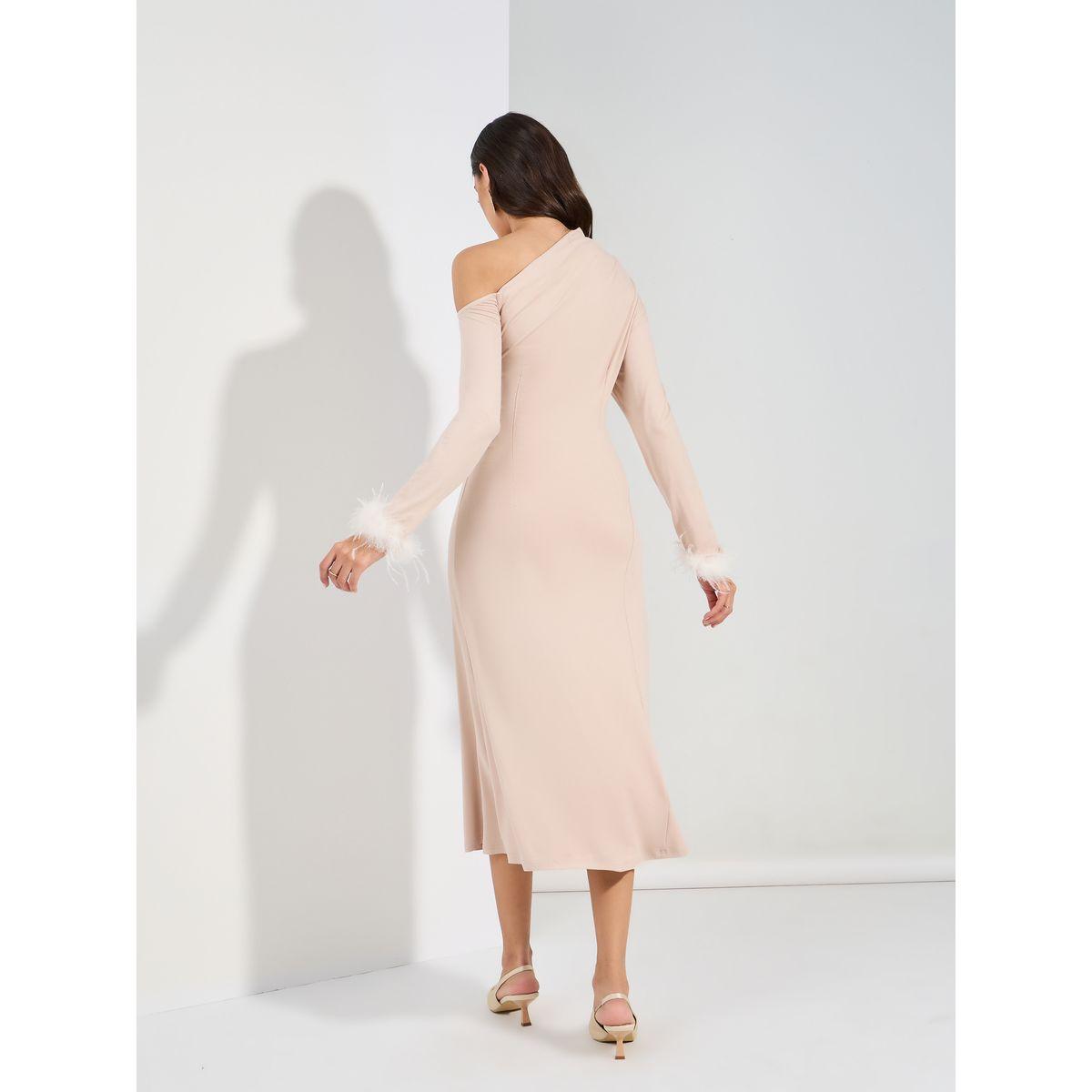Styli Asymmetric Neck Midi Dress with Faux Fur Detail-women-clothing-dresses-image-4
