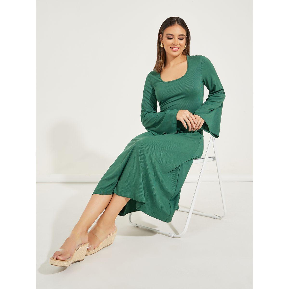 Styli Rib Flute Sleeves Midi Dress with Tie-Up Back-women-clothing-dresses-image-1