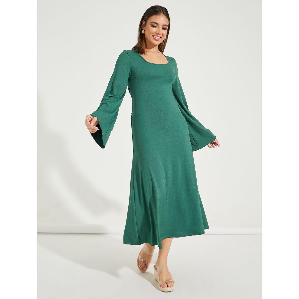 Styli Rib Flute Sleeves Midi Dress with Tie-Up Back-women-clothing-dresses-image-2