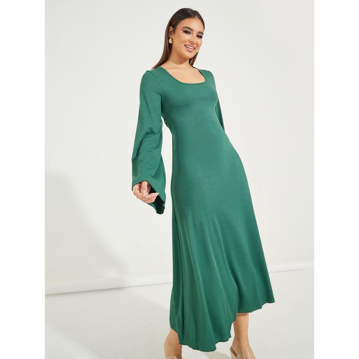 Styli Rib Flute Sleeves Midi Dress with Tie-Up Back-women-clothing-dresses-image-4