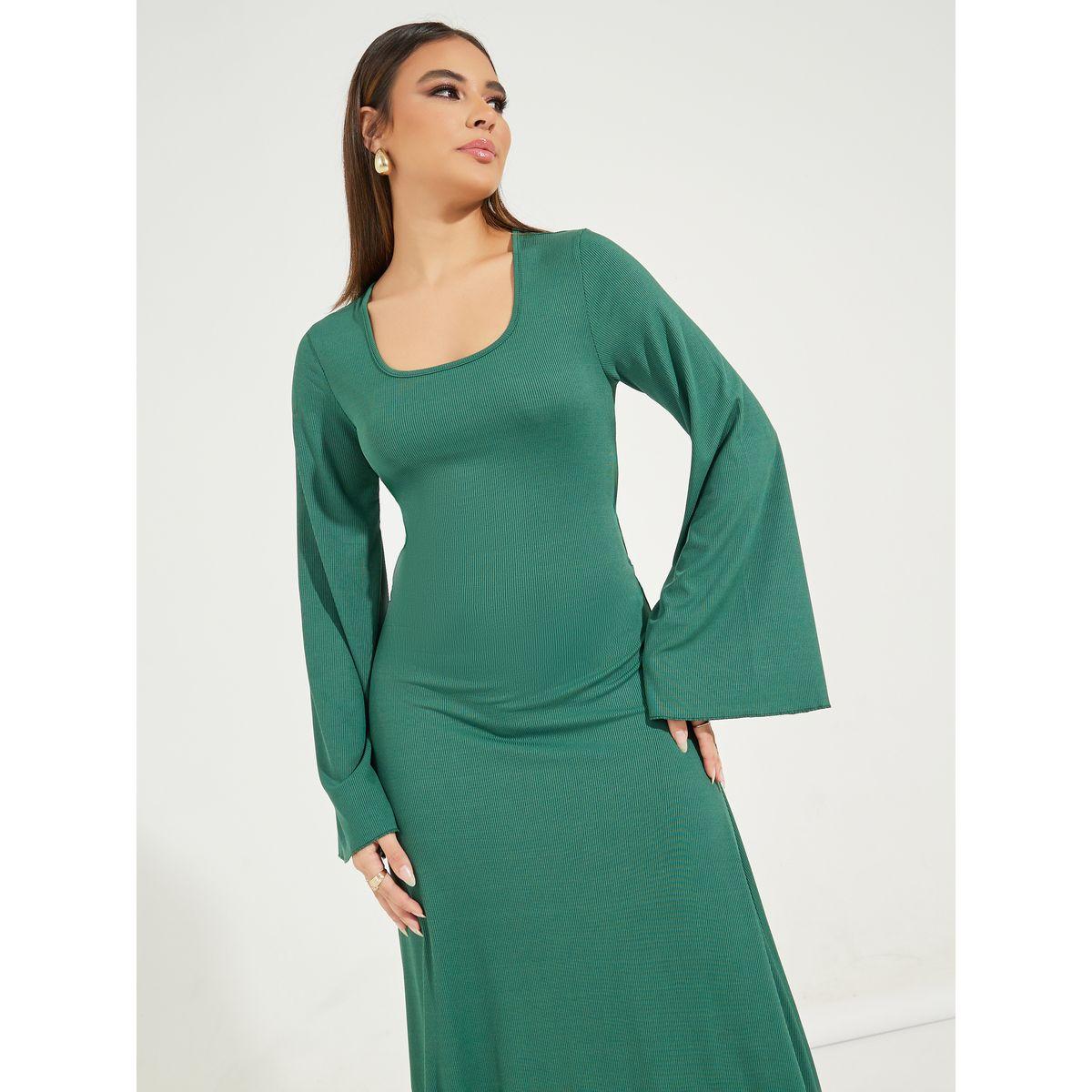 Styli Rib Flute Sleeves Midi Dress with Tie-Up Back-women-clothing-dresses-image-5