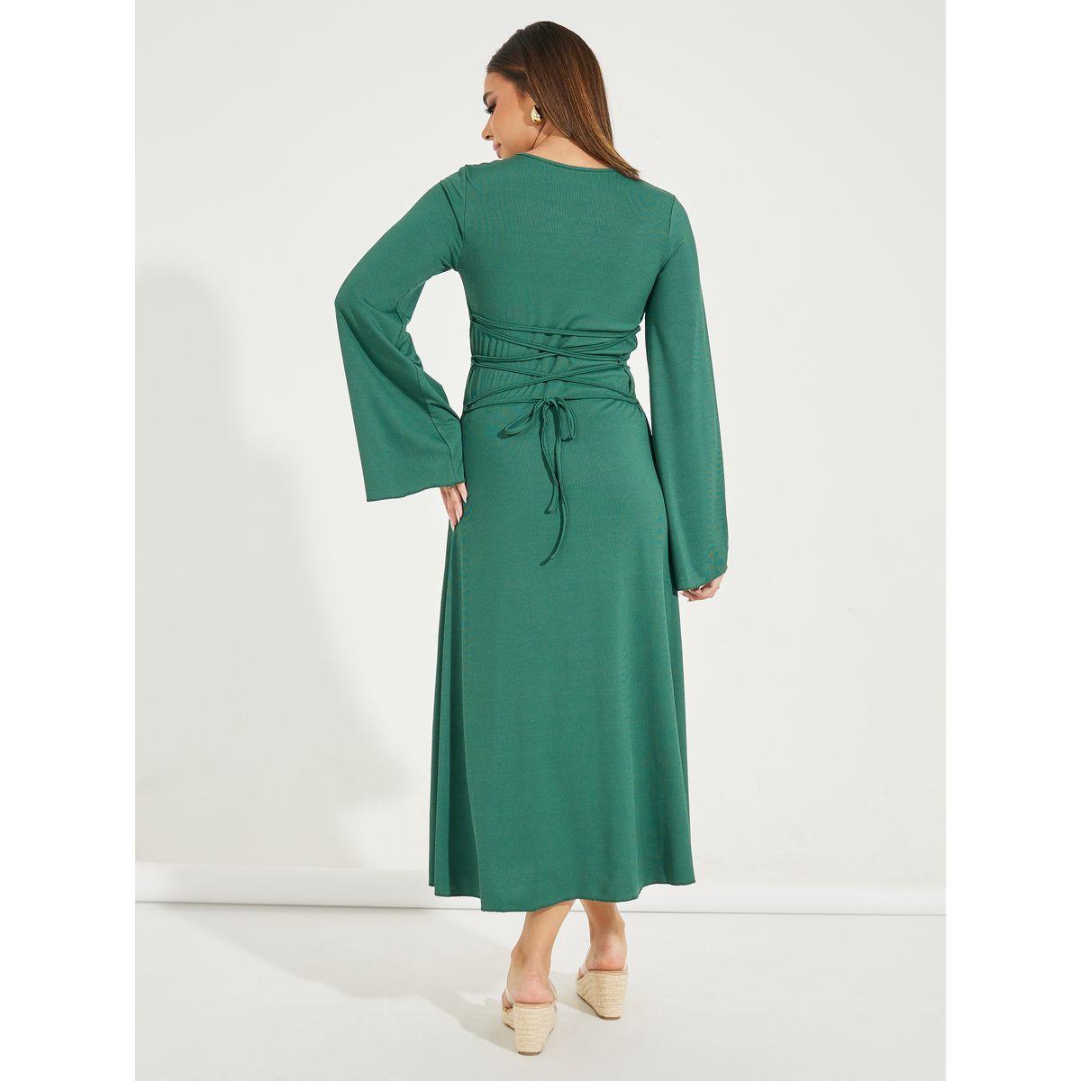 Styli Rib Flute Sleeves Midi Dress with Tie-Up Back-women-clothing-dresses-image-6