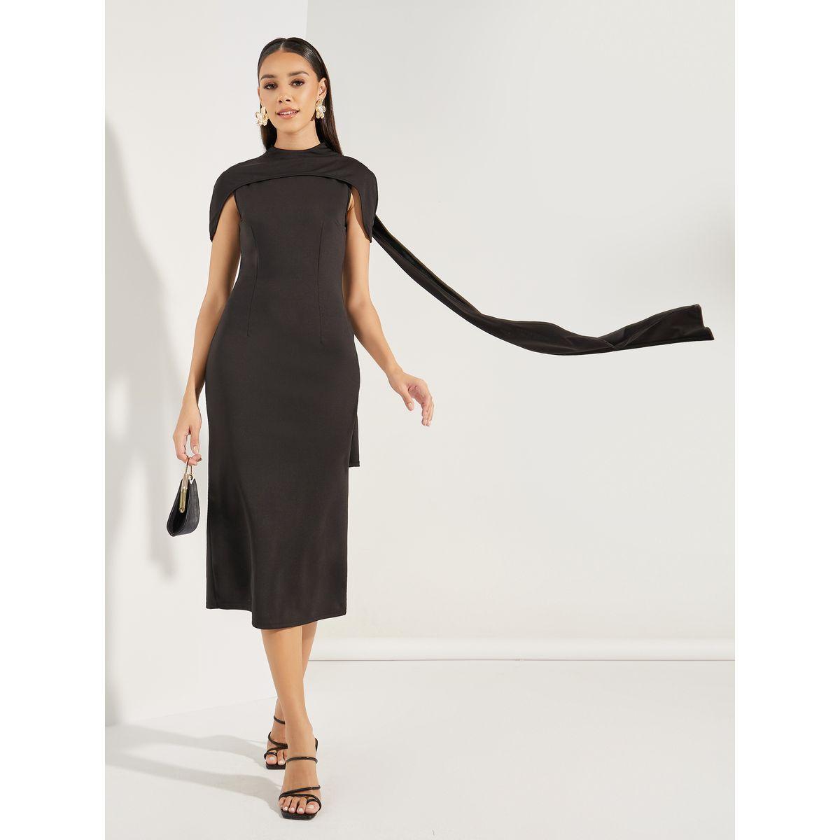 فستان ميدي سادة باكمام كيب-women-clothing-dresses-image-1