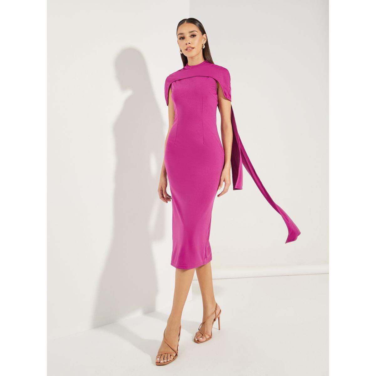 فستان ميدي سادة باكمام كيب-women-clothing-dresses-image-1