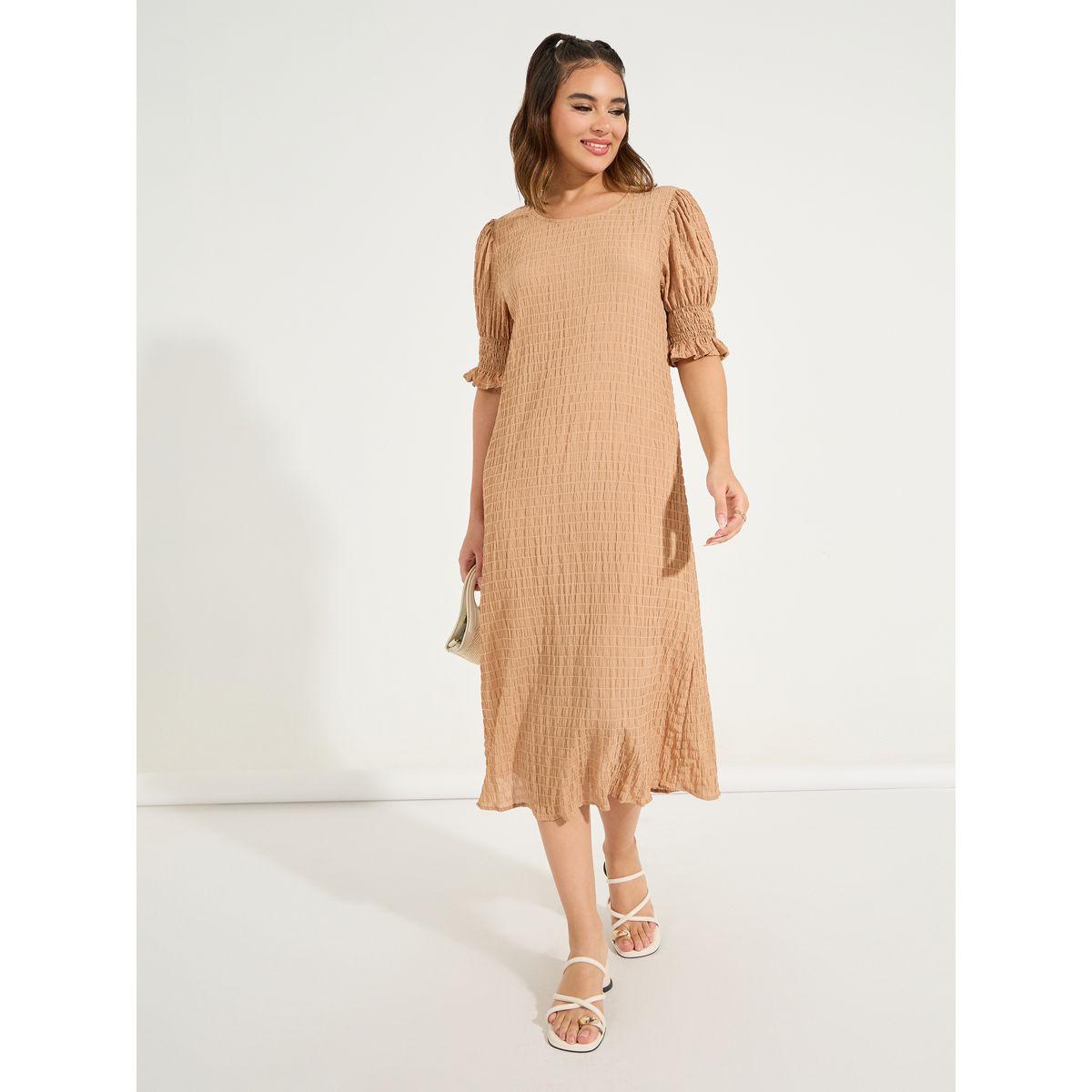 فستان ميدي بتفاصيل بارزة الملمس واكمام منفوخة-women-clothing-dresses-image-1