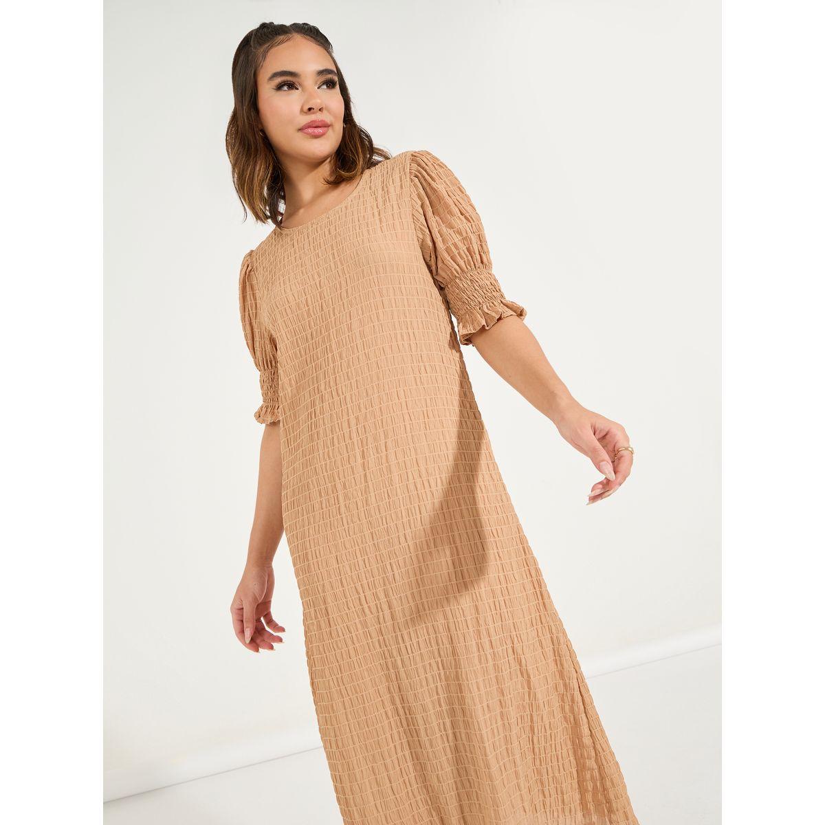 فستان ميدي بتفاصيل بارزة الملمس واكمام منفوخة-women-clothing-dresses-image-2