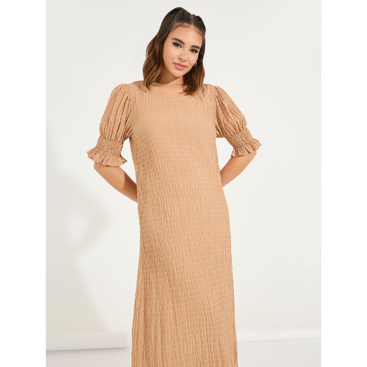 فستان ميدي بتفاصيل بارزة الملمس واكمام منفوخة-women-clothing-dresses-image-5
