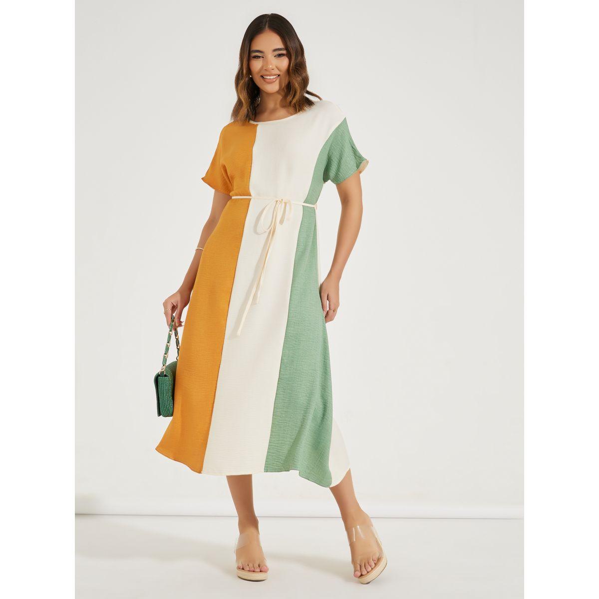 فستان ميدي بنمط كتل الالوان مع اربطة-women-clothing-dresses-image-1