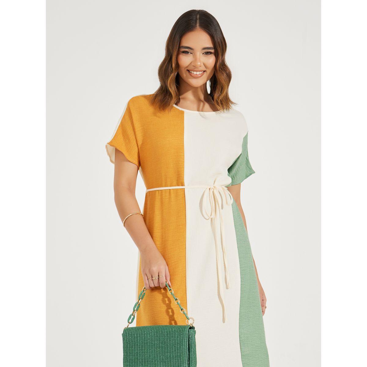 Styli Color Block Shift Midi Dress with Tie Up Detail-women-clothing-dresses-image-2