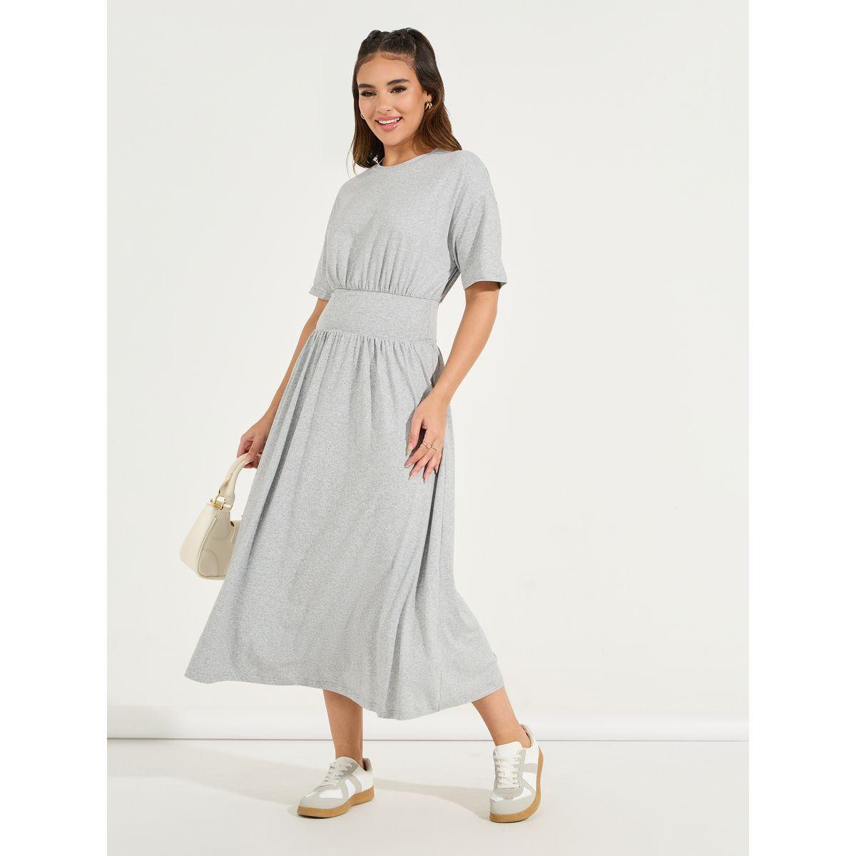 Styli Solid Gathered Detail A-Line Midi Dress-women-clothing-dresses-image-1