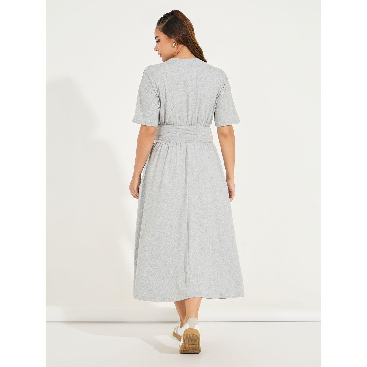 Styli Solid Gathered Detail A-Line Midi Dress-women-clothing-dresses-image-6