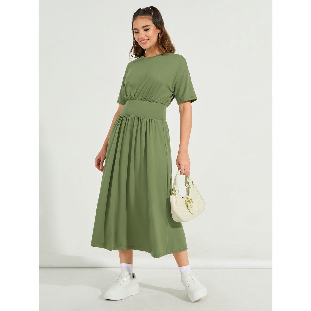 فستان ميدي سادة بحافة واسعة وكسرات-women-clothing-dresses-image-1