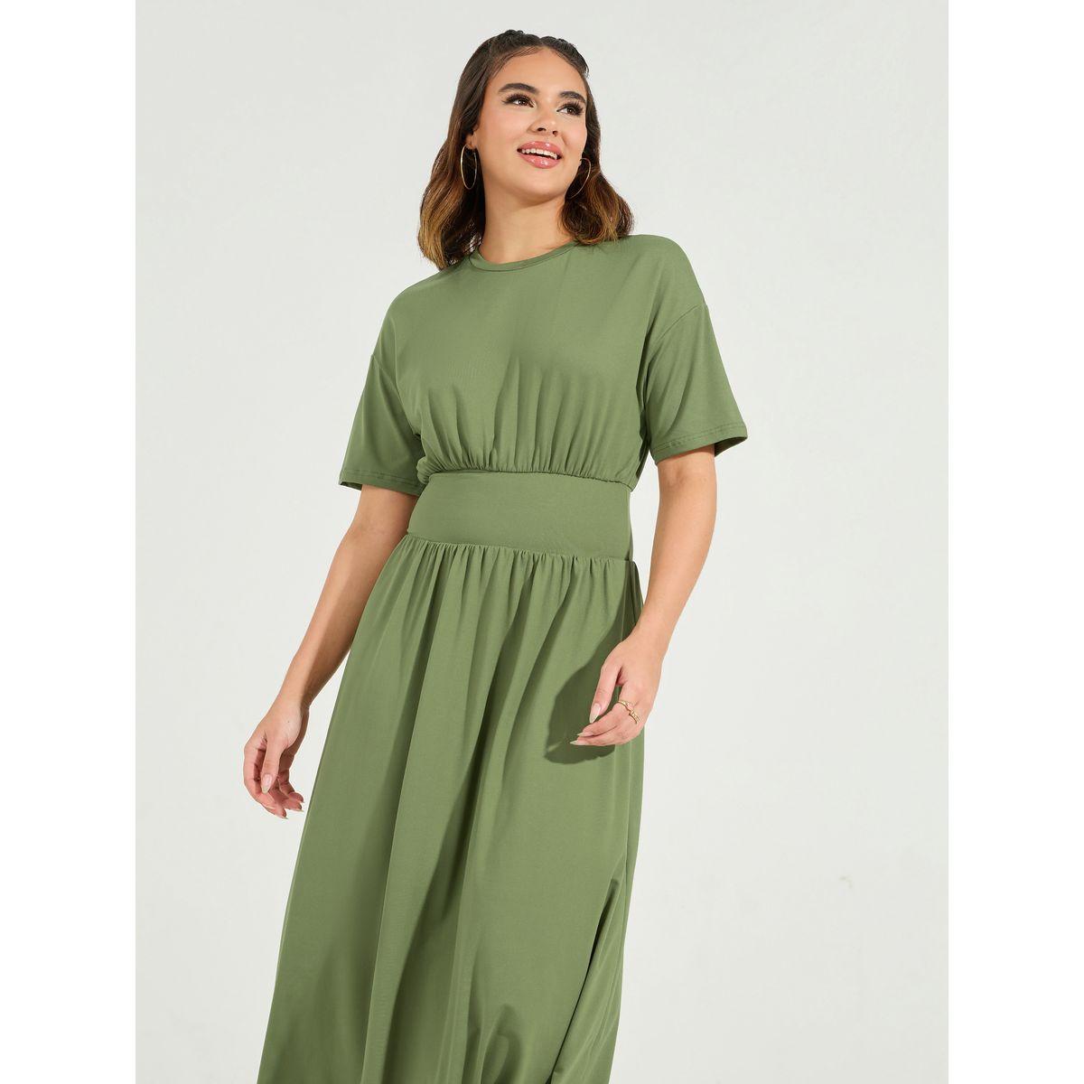 فستان ميدي سادة بحافة واسعة وكسرات-women-clothing-dresses-image-2