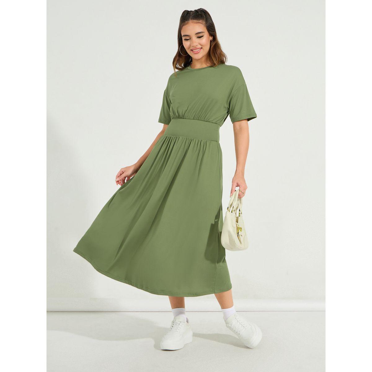 Styli Solid Gathered Detail A-Line Midi Dress-women-clothing-dresses-image-4
