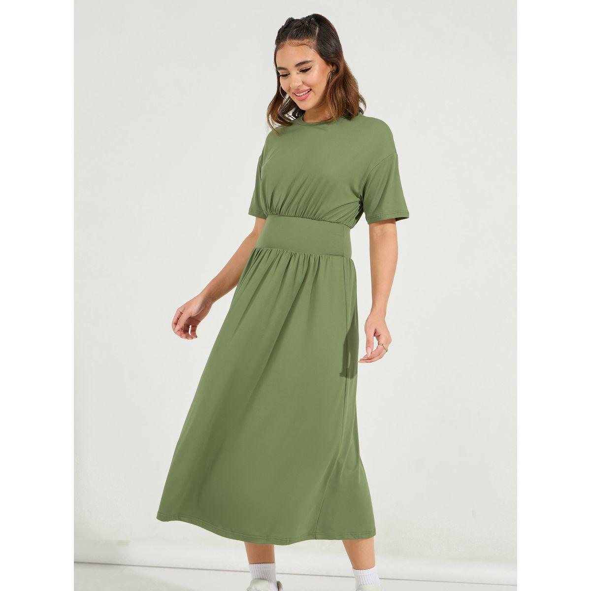 Styli Solid Gathered Detail A-Line Midi Dress-women-clothing-dresses-image-5